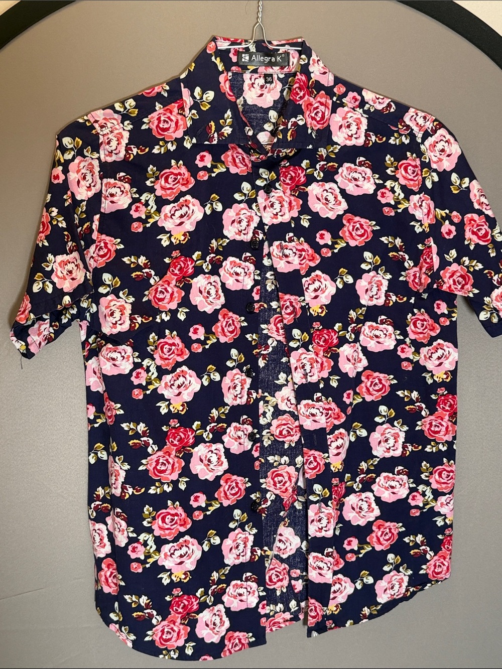 Allegra K Men's Navy Short-Sleeve Button-Up Shirt with Pink & Red Rose Print